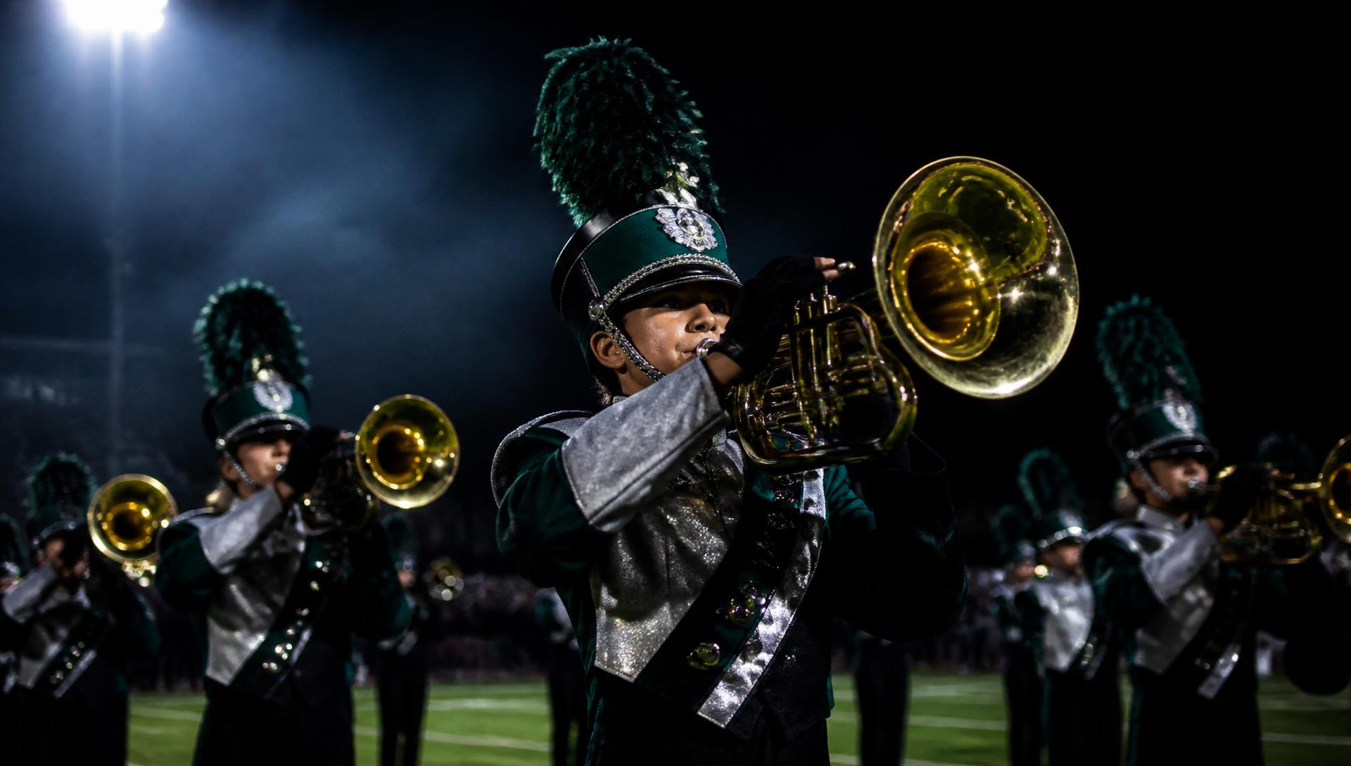 Pine-Richland Marching Band brass player performing under stadium lights